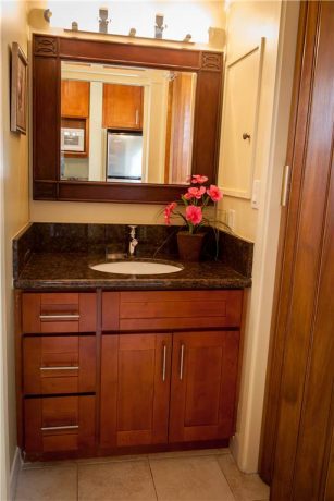 Newly remodeled bathroom features ample vanity space