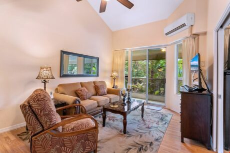 Kick Back and Relax - You’ll feel right at home in the Maui Banyan F-201 living room. Open the sliding doors and let in the island breezes.