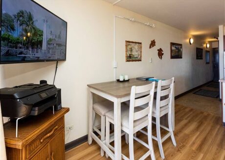Enjoy the dining table for four, smart TV, and wifi printer.