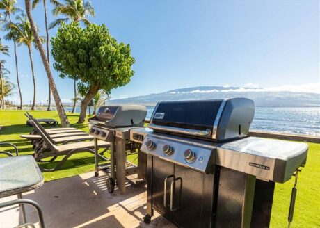 Barbeque on the gas grill while watching the surf and, and durin